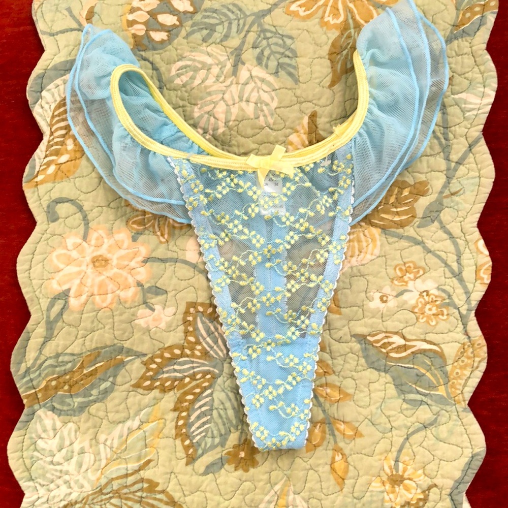 Sheer Blue & Yellow Lace Thong Panty - Women Intimates